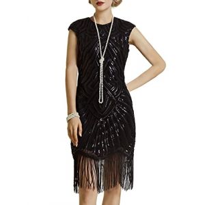 BABEYOND Robe Flapper 1920 Femme Robe Frangée avec Paillette Robe Perlée Gatsby sans Manche pour Occasion de Fête Bal Soirée Art Déco Tango Latine - Noir 1 - Taille L /UK 16/EU 44 (BABEYOND  FR, neuf)