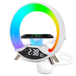 Cuteefun R&eacute;veil Lumineux, 15W Chargeur sans FI, Reveil Simulateur D'Aube avec Haut-Parleur Bluetooth, Reveil Radio, Deux Alarmes, Lampe de Chevet R&eacute;glable en Plus de 10 Couleurs, Blanc (WangChuan-HT, neuf)