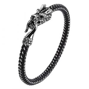 Bracelet Dragon pour Homme et Gar&ccedil;on - Jonc T&ecirc;te de Viking, Manchette Punk, Cuir Tress&eacute; - Bijoux Ouroboros (Longcreek, neuf)