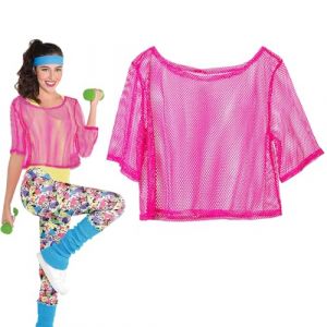 XNIVUIS Haut en résille fluo - Déguisement - Haut en résille des années 80 - Unisexe - Taille unique - Costume disco rétro pour femme - T-shirt à épaules dénudées - Pour fête à thème des années 80, (QianRunS, neuf)