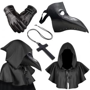 Costume M&eacute;decin de la Peste Masque Medecin Peste Noir Cape Cuir Gants Collier Croix Bois Masque Steampunk Scream Cosplay Masque Corbeau Costume de Docteur de Peste Accessoire de Costume D'Halloween (crsqx, neuf)
