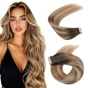 Hotlulana Extensions de cheveux réels double face Balayage châtain avec brun clair et blond clair (2/6/18K#) Extensions de cheveux vrais 14 pouces, 20 pièces, 35 cm, 40 g, invisibles, extensions de (Hezhiyang, neuf)