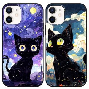 Yimctoie 2 Pi&egrave;ces Coque pour iPhone 12 Mini 5.4",Mignon Noir Chat Aesthetic Cr&eacute;ativit&eacute; Ciel &eacute;toil&eacute; Motif Cover,Cute Cat Starry Night Antichoc Protection Silicone TPU Souple Phone Case (JOSS SKELTON, neuf)