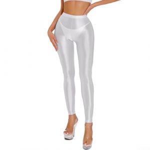 Volakebeing Legging extensible satin&eacute; brillant pour femme, pantalon en nylon effet mouill&eacute; brillant, pantalon de yoga hautement &eacute;lastique pour la danse, toutes les saisons (L blanc) (xiangjueshangmaoUKshop, neuf)