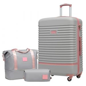 COOLIFE Valise Trolley Valise de Voyage en ABS Coque Rigide Trolley 4 Roues Serrure TSA La Valise Contient 1 Sac de Voyage et 1 Trousse de Toilette (Gris/Rose, Lot de 3 Grandes valises) (Coolife EU Directly, neuf)