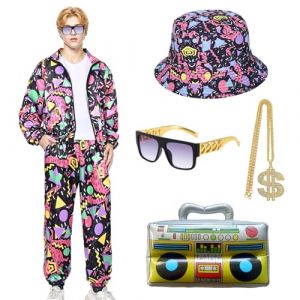 Antsparty Costume Années 80 Survêtement, Survetement Annee 90 Homme, Survêtement Rétro 80 90 Set Rétro Chapeau de Pêcheur, Déguisement Disco Accessoire pour Carnaval, Soirée Deguise (FaceLove, neuf)