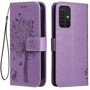 Topme &Eacute;tui en Cuir pour Samsung Galaxy A51 4G (6.5" inches), [ Coque Housse de T&eacute;l&eacute;phone Style Motif Chat Et Arbre] - Violet Clair (topme, neuf)