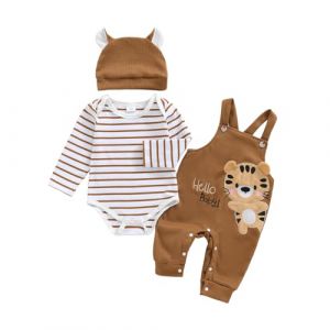 Dazzerake Ensemble B&eacute;b&eacute; Gar&ccedil;on 3 Pi&egrave;ces Tenue B&eacute;b&eacute; Gar&ccedil;on Barboteuse Ray&eacute;e Salopette Brod&eacute;e Chapeau V&ecirc;tement Automne Hiver pour Gar&ccedil;ons 0-18 Mois (Marron, 0-3 Months) (gaokana, neuf)