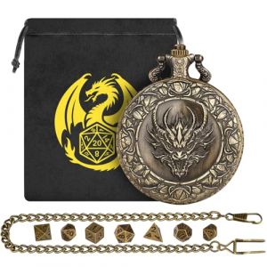 Lot de Mini D&eacute;s DND, Steampunk T&ecirc;te de Dragon Coquille de Montre de Poche, 7 Pi&egrave;ces D&eacute;s D&D en M&eacute;tal Poly&eacute;drique, Cadeaux DND avec Logo Dragon Sac Cadeau, Accessoires de Jeu de Soci&eacute;t&eacute; de R&ocirc;le, Bronze (Keller Weber, neuf)