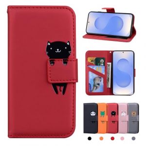 Rostsant Coque Samsung Galaxy S25 5G Housse en Cuir Etui Portefeuille Samsung Galaxy S25 5G Coque de Protection pour Samsung Galaxy S25 5G Chat Rouge (Huijitong Electronic Technology, neuf)