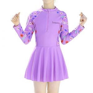 NautySaurs Costume de bain &agrave; manches longues pour fille - Maillot de bain une pi&egrave;ce avec jupe - Maillot de bain pour grandes filles avec bonnet de bain, violet, 11-12 ans (SUPFANS-EU, neuf)