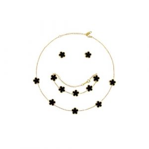 Hanaoops Ensemble de Bijoux Tr&egrave;fle &agrave; Quatre Feuilles pour Femme Fille 18K Plaqu&eacute; Or Acier Inoxydable Tr&egrave;fle &agrave; Quatre Feuilles Collier Boucles d'oreilles Bracelet Set D&eacute;licat R&eacute;glable Cadeau (Black) (GELIYANALY, neuf)