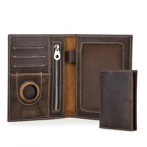 Contacts Portefeuille pour passeport pour homme en cuir v&eacute;ritable avec blocage RFID avec fente AirTag et organiseur de cartes fin pour voyage en famille, Marron fonc&eacute; - S, Carry 1-4 passport, R&eacute;tro (Contacts Wallet, neuf)