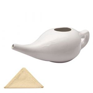 Pot Neti en céramique durable fabriqué à la main pour soulager les sinus et la congestion - Anti-fuite - Passe au lave-vaisselle - Traitement naturel avec serviette en coton non blanchi - Blanc (WHITE GREEN INC, neuf)
