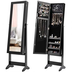 COSTWAY Armoire à bijoux sur Pied avec Miroir Psyché Coffre à Bijoux, Armoire de Rangement Cosmétiques,3 Positions Réglables, Installation Facile, Style Nordique, Noir (FDS GmbH, neuf)