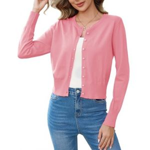 Aottori Bol&eacute;ro Gilet Court Femme Chic et Elegant Tricot&eacute; Veste Cardigan Boutons Manches Longues Top pour Robe Mariage Bretelle Soir&eacute;e Pull L&eacute;ger Rose S (LEHONG-EU, neuf)