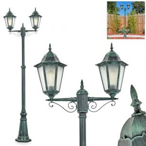 Luminaire d'extérieur Hong Kong, lampadaire en métal/verre en noir/vert/verre dépoli candélabre au look antique, hauteur max. 245 cm, éclairage de jardin IP44, 2 x E27, sans ampoule (hofstein, neuf)