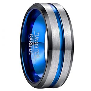 NUNCAD Bague Homme/Femme Argent en Tungst&egrave;ne avec Rainure Bleu Poli Confort 8mm Taille 72(22.9) (NUNCAD FR, neuf)