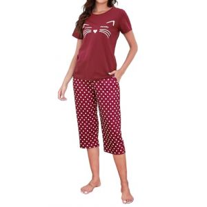TeJoyce Pyjama Femme Coton Ete, Ensemble de Pyjama Femme Short V&ecirc;tements de Nuit &agrave; Manches Courtes &agrave; Motif Chat et Pantalon 3/4 &agrave; Pois avec Poches, 2 Pi&egrave;ces Doux et Confortable S-XXL (TeJoyce-FR, neuf)
