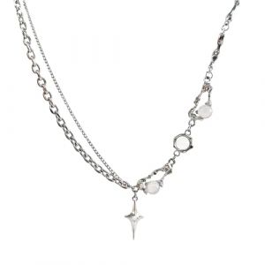 FloralGrace Y2K Collier irrégulier avec pendentif étoile et pierre de lune, collier tendance en argent pour femme, bijoux tendance Y2K avec collier en zircon et chaîne étoile (YichangQinyongDianzishangwu, neuf)