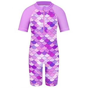 HUAANIUE Filles Maillot de Bain 1 Pièce 2-12 Ans, Anti-UV UPF 50+ Manches Courtes, Fermeture Éclair Frontale, Imprimés Colorés, Idéal pour Plage et Piscine (S406-Écailles Violettes, 5-6 Ans) (HUANQIU EUR STORE, neuf)