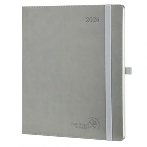 POPRUN Agenda 2026 Semainier 26,5 x 21,5 cm - Couverture Souple en PU Cuir, Vertical Planner, D'Jan 2026 à Déc 2026-12 Mois, Avec signet à 2 rubans, Papier 100 g/m², Gris (Time Works Wonders, neuf)