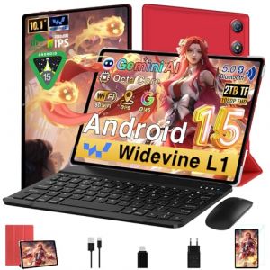 Android 15 Tablette 10 Pouces 30Go RAM+64Go ROM (2To/TF), Gemini AI, Face ID,Octa-Core 2.0 Ghz, 1080*800 FHD IPS, Veille Extra Longue, 5G WiFi, Widevine L1, 5MP+13MP, GMS, Tablette avec clavier,Rouge (SANLAST SP. Z O.O, neuf)