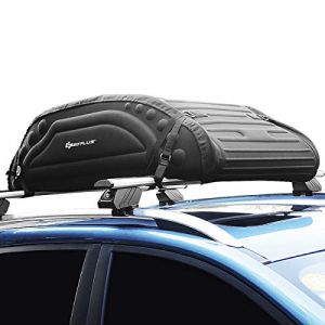 GOPLUS Coffre de Toit Voiture Pliable, 4 Cordons d’Attachement, Sac de Toit Voiture Utilisable avec ou sans Barre de Toit, Surface Imperméable, Charge 60KG, Sac de Transport, Sangle de Sécurité Dedans (Augenstern24, neuf)