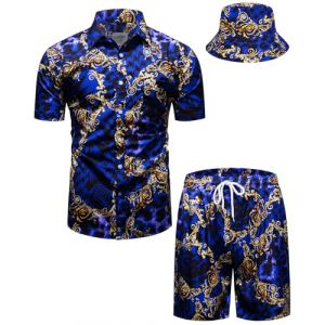 fohemr hommes baroque ensemble de deux pièces modèle de luxe noir chemise short avec chapeau de pêcheur Casual set vacances d'été Beach set XX-Large (fohemr, neuf)