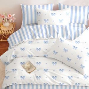 Freyamy Housse de Couette 220x240+2 Taie d'oreiller 65x65cm Blanc Bleu Noeud Papillon C&oelig;ur Parure de lit 2 Personnes Adulte Sets de Housse Couette en Microfibre avec Fermeture &Eacute;clair (Mitchell'SZ, neuf)