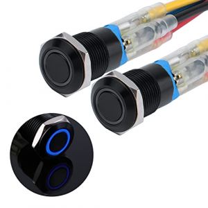 JIQI 2 × 12 mm Interrupteur à bouton-poussoir en métal à verrouillage 12 V à 24 V 2 A IP66 1NO Étanche Noir Interrupteur d'alimentation LED éclairé pour moto bateau RV (Bleu) (LUBAN STORE, neuf)