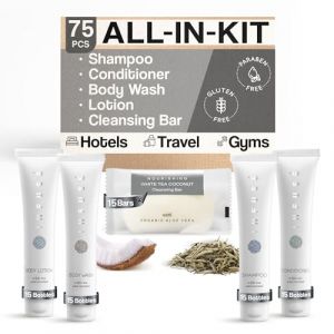 Infuse Pure White Tea and Coconut All-In-Kit Savons et articles de toilette pour hôtel | Shampooing et après-shampoing de 28,3 g, gel douche, lotion et savon en barre de 35,4 g | Format voyage 75 (Cute llc, neuf)