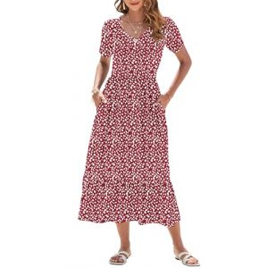 AUSELILY Robe d'été pour Femme Robe Longue à Manches Courtes Robe Longue pour Femme col en V Taille Empire, Robes de Plage avec Poches Tache Rouge L (AUSELILY FASHION, neuf)