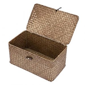 OLegei Panier de rangement en osier panier avec couvercle panier pour étagère boîte de rangement organisateur de table (31 x 18 x 15cm) Café (SunGiRay, neuf)