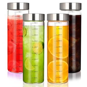 BUCOMTU Lot de 4 bouteilles en verre gradu&eacute;es de 500 ml, gobelets &agrave; smoothie avec couvercle en acier inoxydable, bouteilles d'eau en verre r&eacute;utilisables, adapt&eacute;es aux smoothies, jus, lait, caf&eacute; (VOICU LAWE S.R.L., neuf)