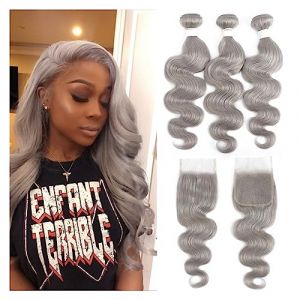 Human Hair Bundles Paquet de vague de corps avec fermeture couleur gris argent 3 paquets avec fermeture gris brésilien Remy 100% paquets de cheveux humains Tissage Cheveux Humain(Size:14 14 14+12Closu (furuiouzhouya, neuf)