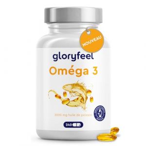 Omega 3 G&eacute;lules Hautement Dos&eacute;s - 3000mg d'huile de poisson (forme triglyc&eacute;ride) - 240 g&eacute;lules & vitamine E (antioxydant) pour un apport id&eacute;al en EPA & DHA - Huile de poisson pure om&eacute;ga 3 (gloryfeel, neuf)