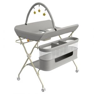 Table &agrave; Langer Pliable, Plan &agrave; Langer 2 Tiroirs en Tissu, Panier Lat&eacute;ral et Tringle de Suspension, Meuble pour B&eacute;b&eacute; R&eacute;glable en Hauteur, avec roulettes Verrouillables, 75 * 68 * 83-91cm (B) Gris (Hechheu, neuf)