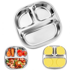 Vicloon Assiette &agrave; Ventouse, Assiettes en Acier Inoxydable avec Ventouse, Assiette Antid&eacute;rapante avec 3 Compartiments, sans BPA, Lave-vaisselle (Forme Carr&eacute;e) (HANSBUY, neuf)