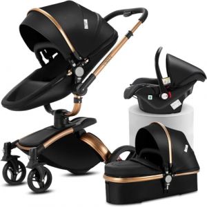 Poussette 3en1 en cuir PU rotatif à 360°avec mode landau | Pliage d'une touche & convertibilité bébé nouveau-né à toddler(Noir) (HanYong baby products, neuf)