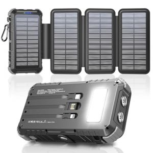 Chargeur Solaire 26800mAh avec 4 Panneaux Solaires, USB C 15 W Charge Rapide, 5 Sorties et 3 C&acirc;bles, Batterie Externe Solaire pour l'ext&eacute;rieur avec Mousqueton et Lampes de Poche pour T&eacute;l&eacute;phones (SZFTD-AMZ, neuf)