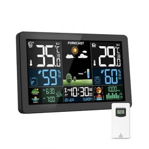 Station Météo Interieur Exterieur Sans Fil, Prévisions Météorologiques, Affichage de la Température et de l'humidité Pression de l'air Couleur, DCF Radio-Réveil Réveil Météo (Outdoor Camping-FR, neuf)