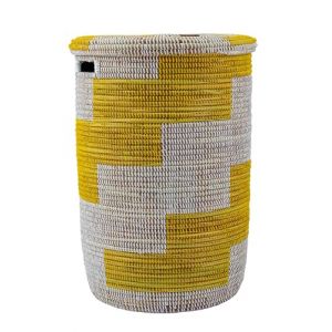 YAADU XXL Panier à linge avec couvercle 80L - Panier à linge tissé, africain grand panier de rangement, à linge avec poignées, Modell Bowal (Plat jaune) (YAADU, neuf)