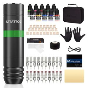 EZ Kit Machine à Tatouer - Kit de Tatouage avec Stylo pour Machine à Tatouer Rotative, Batterie 1500mAh Alimentation, 20pièces Aiguilles de Tatouage Assorties (Caster Vert) (EZTATTOO, neuf)