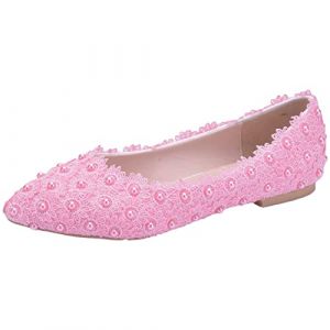 Jamron Femme &Eacute;l&eacute;gant Bout Pointu Fleur Dentelle Perles Chaussures de Mari&eacute;e Escarpins Semelle Souple Ballerines Rose SN070435 EU36 (No.7 Fashion House, neuf)