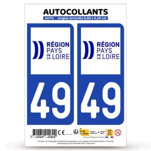 Autocollant Plaque Immatriculation 2 Stickers d&eacute;partement 49 Maine-et-Loire - Pays de la Loire II en Version Fond Bleu : 9,8 x 4,5 cm (Angles Arrondis) (blasonimmat, neuf)