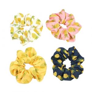 OUNONA Lot de 4 &Eacute;lastiques pour Cheveux en Tissu &Eacute;lastique Motifs Ananas Couleurs Beige Rose Jaune et Bleu Marine Accessoires Coiffure pour Femmes et Filles Maintien Confortable (Gustell, neuf)