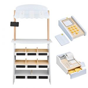 mamabrum Stand Marchande Enfants en Bois 99CM - Jeu d'Imitation avec Caisse Enregistreuse, Terminal de Paiement, Fruits, Légumes, Tableau de Craie (15 Items) (HyperMotion, neuf)