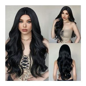 Perruque Naturel Perruque synthétique noire longue ondulée perruques de vague de corps noir naturel for les femmes Afro Cosplay cheveux quotidiens partie centrale résistant à la chaleur Perruque Coupe (zengfanjunuk, neuf)