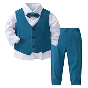 Aislor Costume de Baptême Gentleman Enfant Garcon Fille Chemise Blanc + Cravate Fleuri +Gilet + Pantalon Garcon Tenu Formel Manche Longue 4 Pièces 12Mois-8 Ans Bowtie-Bleu foncé 12-18 Mois (kaishiba, neuf)